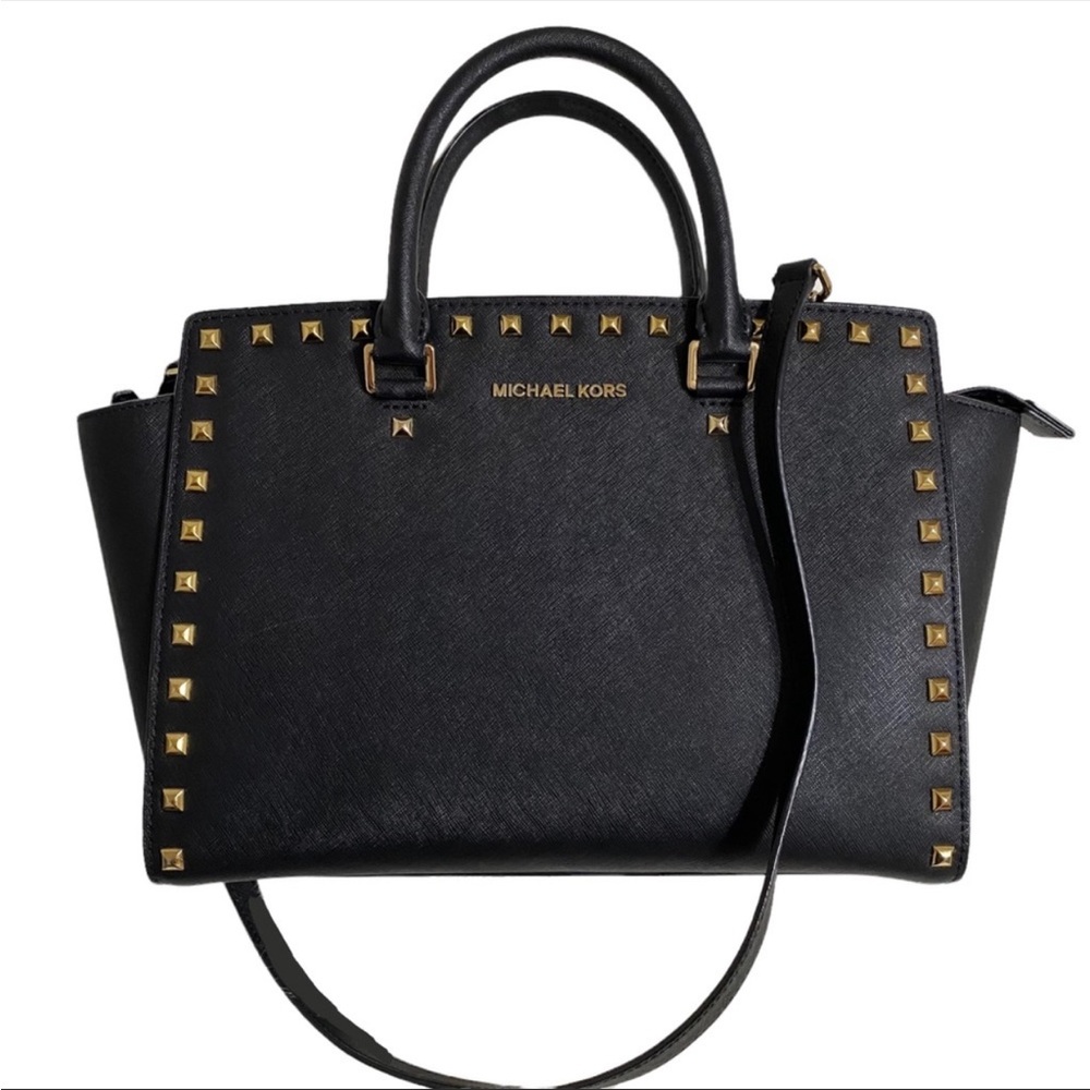 AUTHENTIC MICHAEL KORS LARGE SELMA STUDDED SATCHEL BLACK AND GOLD PURSE
